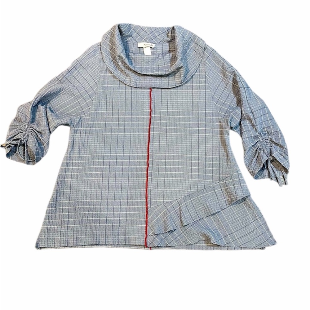Moonlight Y&S Blue Plaid Ruched Sleeve Top – Size Large‎ – Y2K Vintage